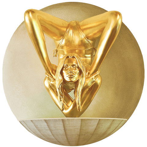 Hyperrealistic golden sculpture of a woman in an acrobatic pose by Vanessa Beecroft, mounted on a luminous sphere in the hall of the Byblos Art Hotel.